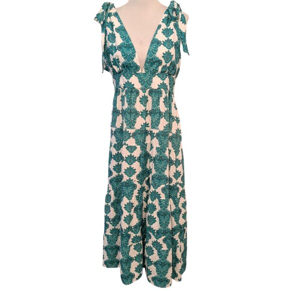 House Of Harlow Womens Size L Green Printed V-Neck Tie Straps Ruffles Maxi Dress - Picture 2 of 10